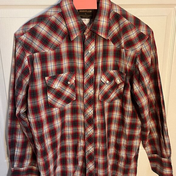 Rustler Wrangler Men's Plaid Print Short Sleeve Pearl Snap Western Shirt - Picture 1 of 6
